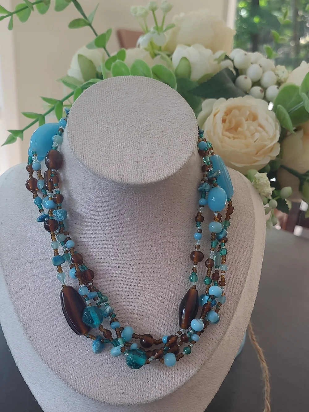 TURQUOISE BLUE & BROWN GLASS BEADS 29 Inches